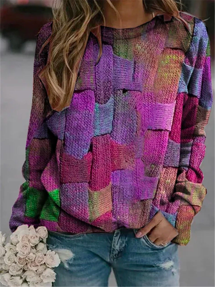 Long Sleeve Round Neck Printed Loose Pullover Sweater Women