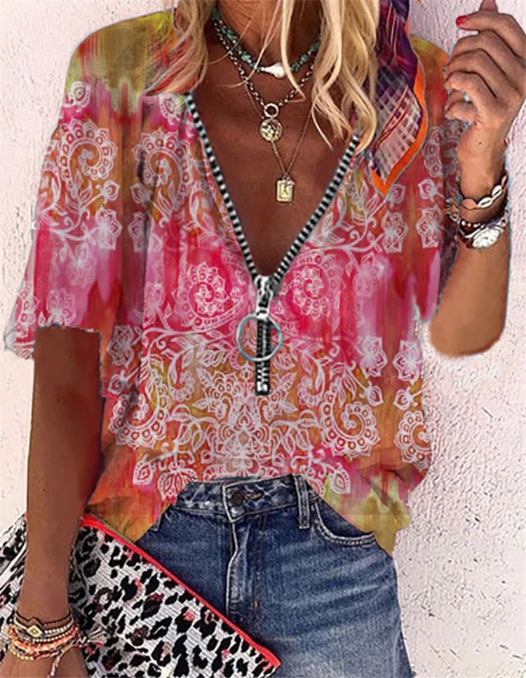 Printed Short-sleeved Zipper Pullover Loose T-Shirt Women