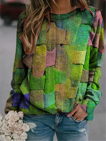 Long Sleeve Round Neck Printed Loose Pullover Sweater Women
