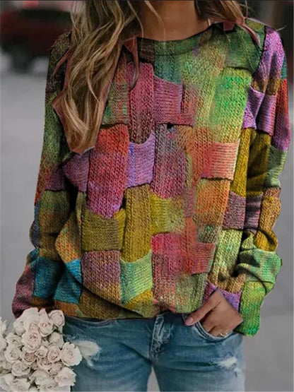 Long Sleeve Round Neck Printed Loose Pullover Sweater Women