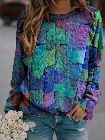 Long Sleeve Round Neck Printed Loose Pullover Sweater Women