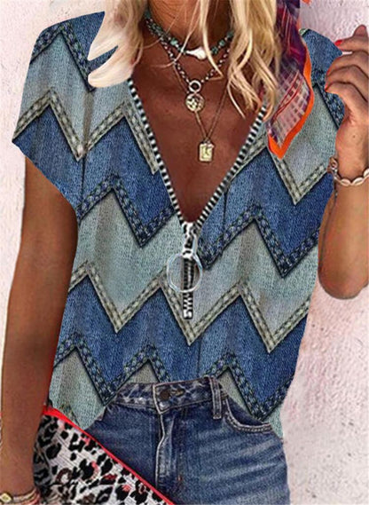 Printed Short-sleeved Zipper Pullover Loose T-Shirt Women
