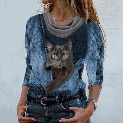 Casual Cat Print Pullover Sweater Women