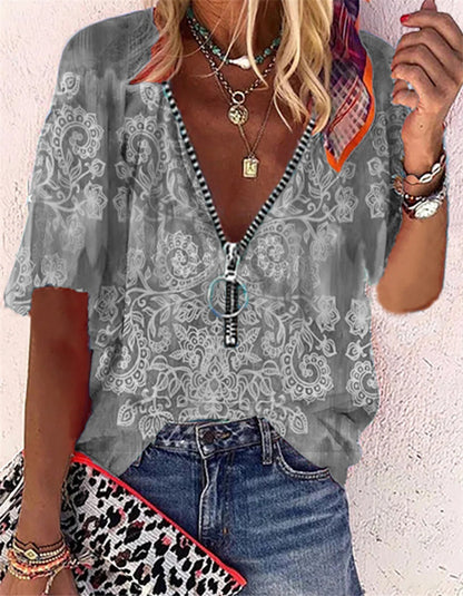 Printed Short-sleeved Zipper Pullover Loose T-Shirt Women