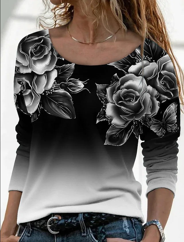 New Long Sleeve Loose Round Neck Casual Pullover 3D Printing T-Shirt Women