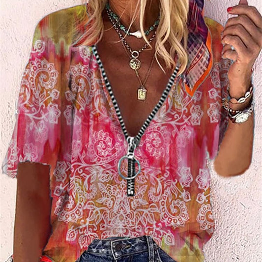 Printed Short-sleeved Zipper Pullover Loose T-Shirt Women