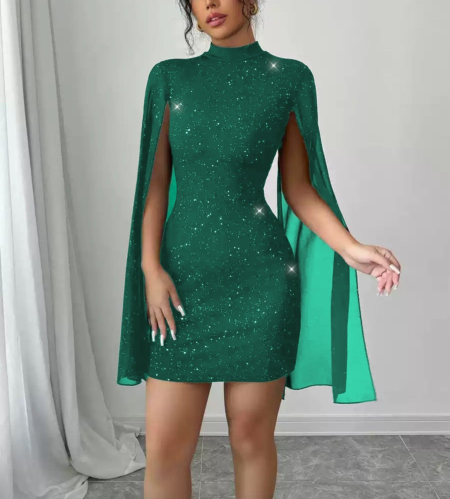 Womens Sequin-embellished Shawl-sleeve Dress With Long Sleeves