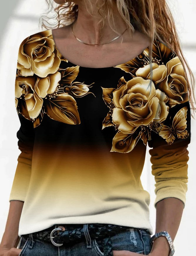 New Long Sleeve Loose Round Neck Casual Pullover 3D Printing T-Shirt Women