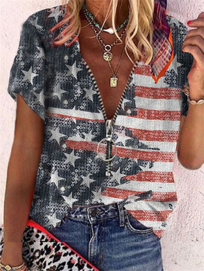 Printed Short-sleeved Zipper Pullover Loose T-Shirt Women