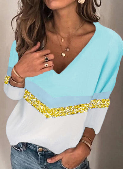 Loose Pullover Print Temperament Commuter Long Sleeved V Neck T Shirt Women
