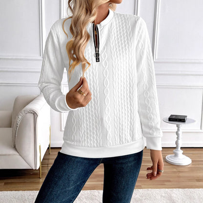 Women's Loose Casual Pullover Half Zipper Long Sleeve Solid Color Texture Round Neck Hoodie For Women