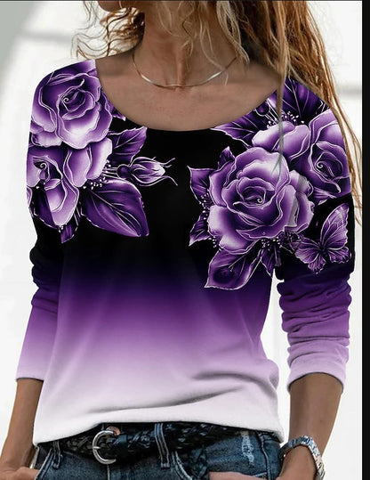 New Long Sleeve Loose Round Neck Casual Pullover 3D Printing T-Shirt Women