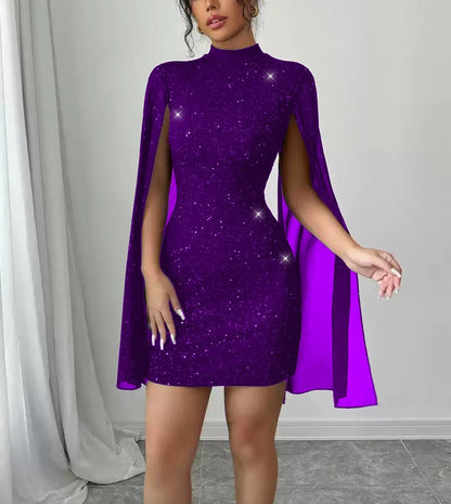 Womens Sequin-embellished Shawl-sleeve Dress With Long Sleeves