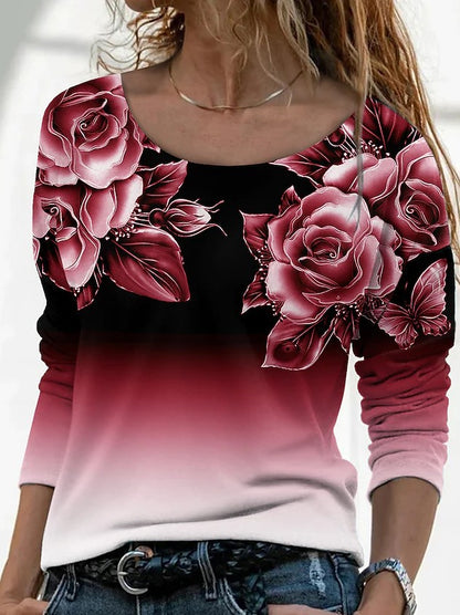 New Long Sleeve Loose Round Neck Casual Pullover 3D Printing T-Shirt Women