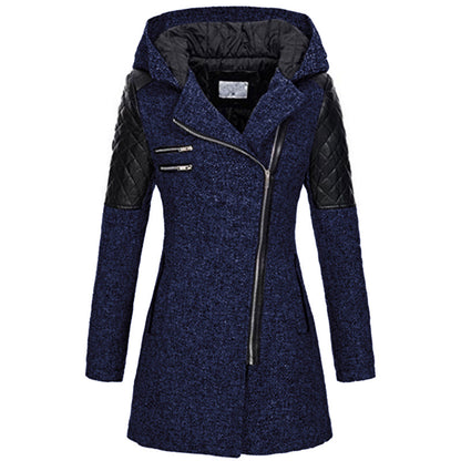 Women Warm Slim Full Zipper Coat Thick Woolen Coat Female Fall Winter Windbreaker Hooded Diagonal Zipper Women's Clothing