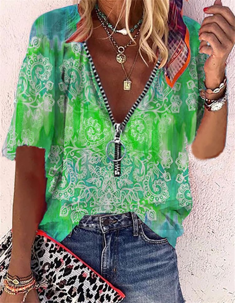 Printed Short-sleeved Zipper Pullover Loose T-Shirt Women