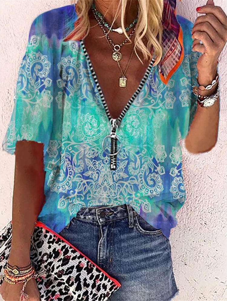 Printed Short-sleeved Zipper Pullover Loose T-Shirt Women