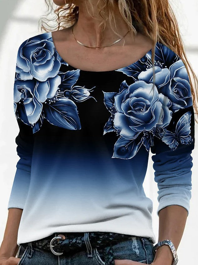 New Long Sleeve Loose Round Neck Casual Pullover 3D Printing T-Shirt Women