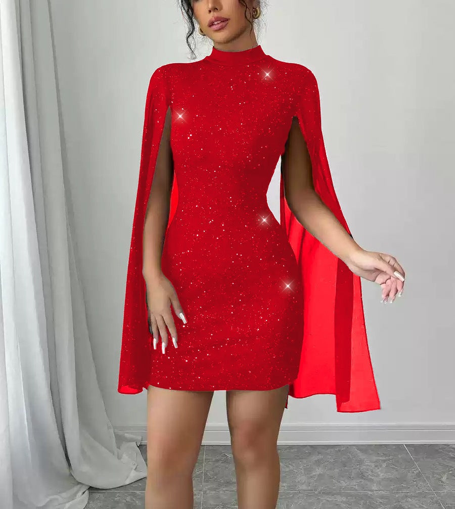Womens Sequin-embellished Shawl-sleeve Dress With Long Sleeves