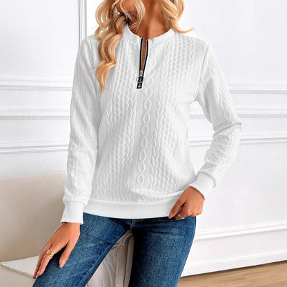 Women's Loose Casual Pullover Half Zipper Long Sleeve Solid Color Texture Round Neck Hoodie For Women