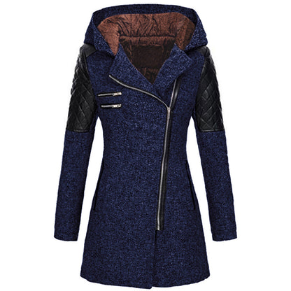 Women Warm Slim Full Zipper Coat Thick Woolen Coat Female Fall Winter Windbreaker Hooded Diagonal Zipper Women's Clothing
