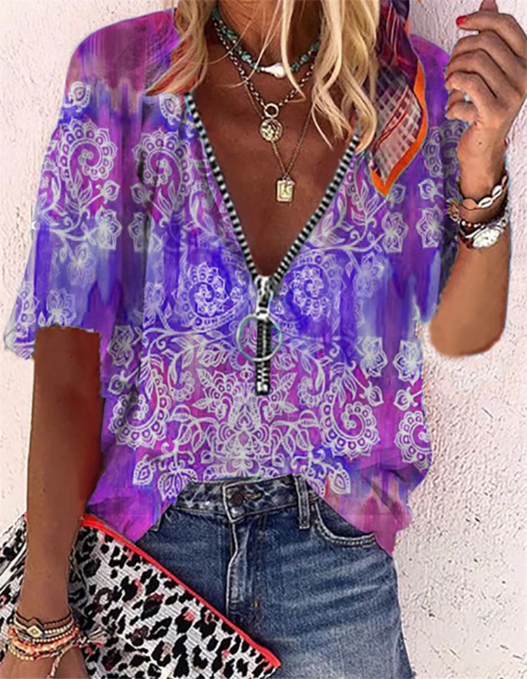Printed Short-sleeved Zipper Pullover Loose T-Shirt Women