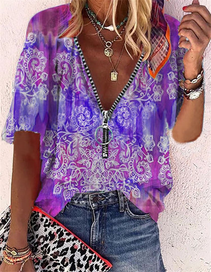 Printed Short-sleeved Zipper Pullover Loose T-Shirt Women